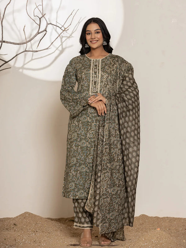 Military Green Cotton Pakistani Kurta Dupatta Set With Pant-Indiakreations-JS1005SKDMLTS