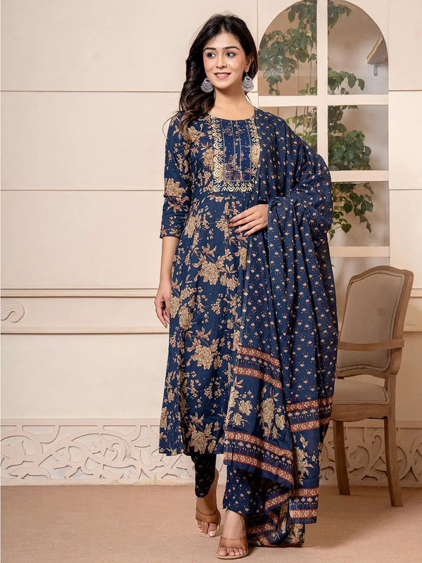 Cotton Navy Blue Anarkali Dupatta Set