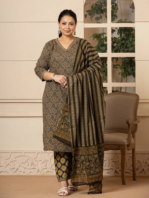 Cotton Olive Ethnic Motifs Plus Size Kurta Dupatta Pant Set