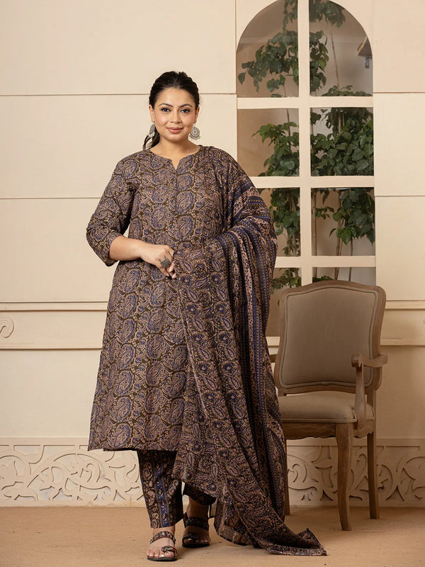 Cotton Olive Paisley Print Plus Size Kurta Dupatta Set