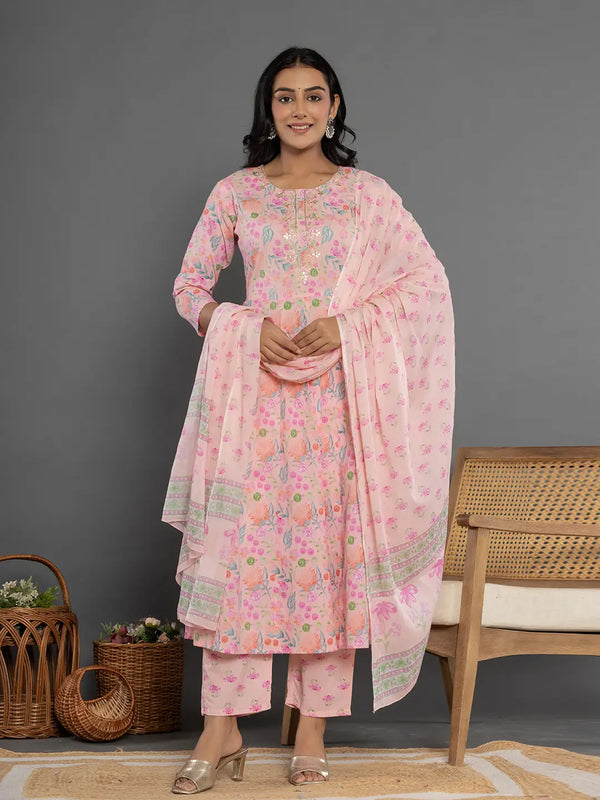 Cotton Peach Kurta Dupatta Pant Set