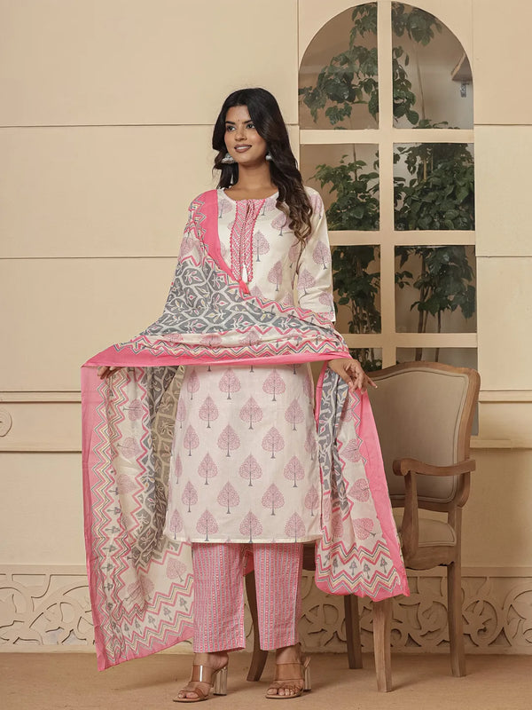 Cotton Pink And White Kurta Dupatta Set