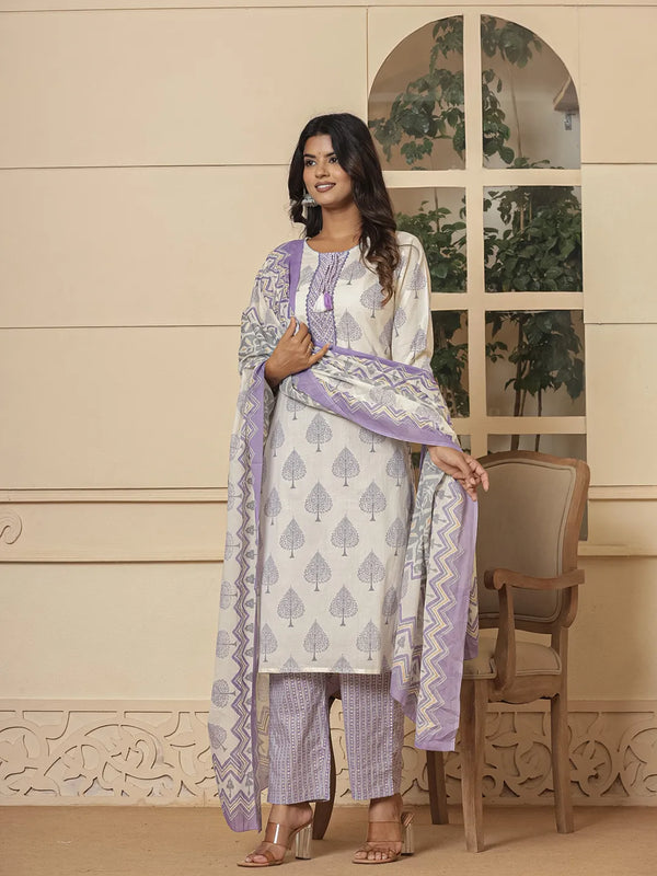 Cotton Purple And White Kurta Dupatta Set