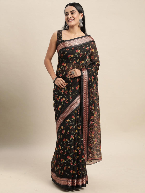 Women's Cotton Silk Black Printed Saree With Blouse Piece - Odette