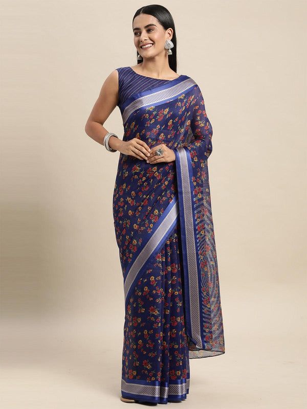 Women's Cotton Silk Blue Printed Saree With Blouse Piece - Odette