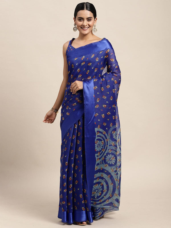 Women's Cotton Silk Blue Printed Saree With Blouse Piece - Odette