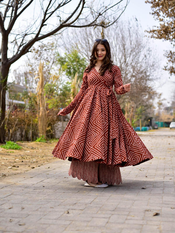 Women's Cotton Silk Brown Anarkali Palazo Set - Odette