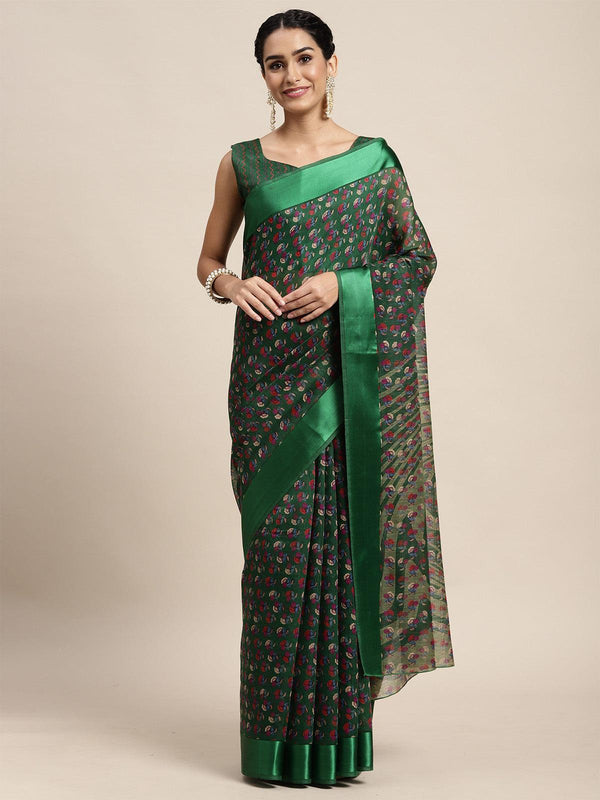 Women's Cotton Silk Green Printed Saree With Blouse Piece - Odette