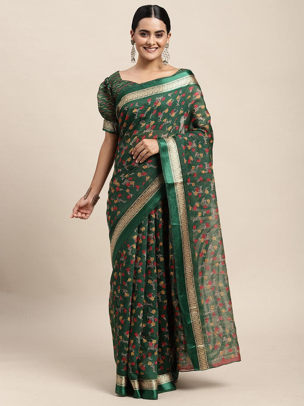 Women's Cotton Silk Green Printed Saree With Blouse Piece - Odette