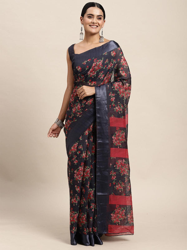 Women's Cotton Silk Grey Printed Saree With Blouse Piece - Odette