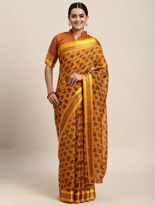 Women's Cotton Silk Mustard Printed Saree With Blouse Piece - Odette