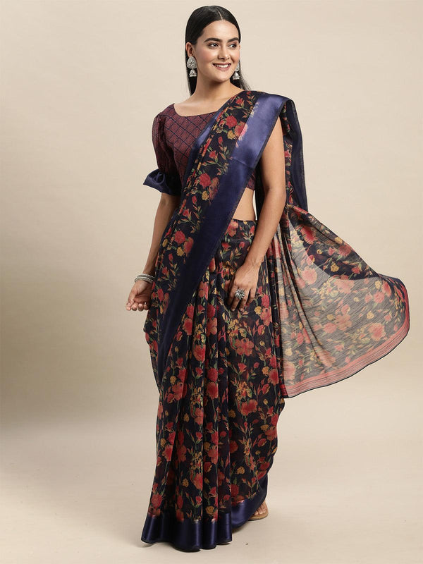 Women's Cotton Silk Navy Blue Printed Saree With Blouse Piece - Odette