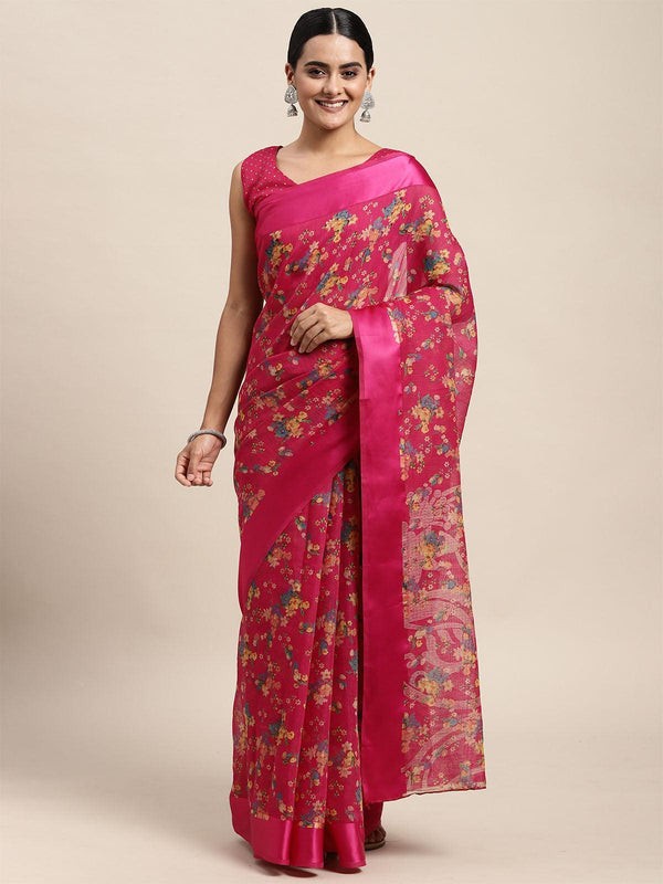 Women's Cotton Silk Pink Printed Saree With Blouse Piece - Odette