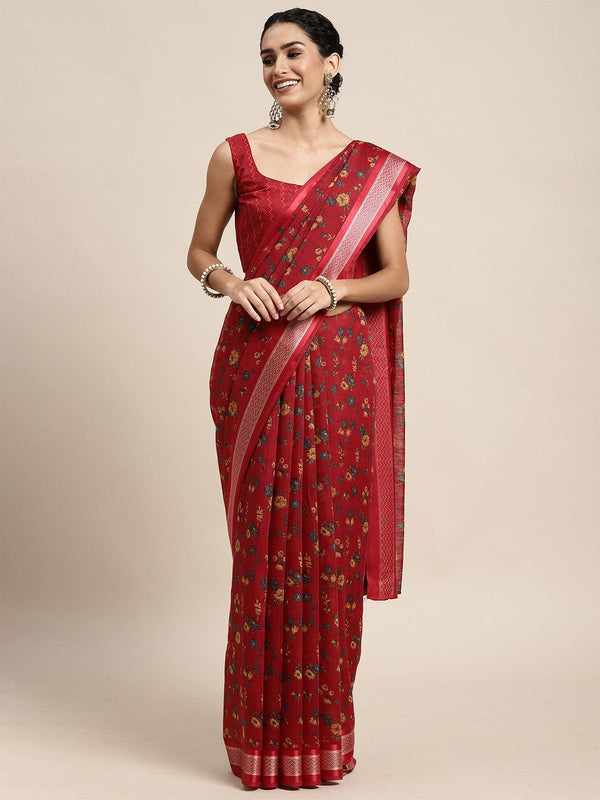 Women's Cotton Silk Red Printed Saree With Blouse Piece - Odette