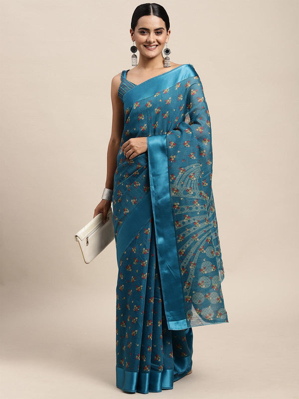 Women's Cotton Silk Teal Blue Printed Saree With Blouse Piece - Odette