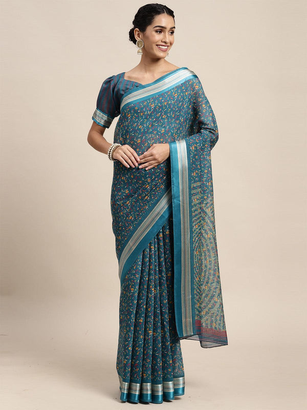 Women's Cotton Silk Turquoise Printed Saree With Blouse Piece - Odette