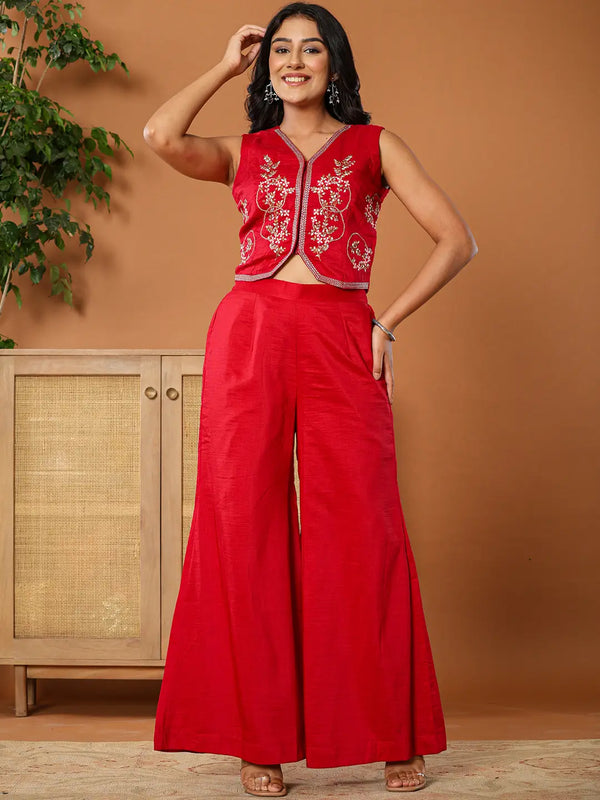 Cotton Silk Waist Coat Co-Ord Set With Attached Cotton Lining-Indiakreations-JS6086CRDHPS