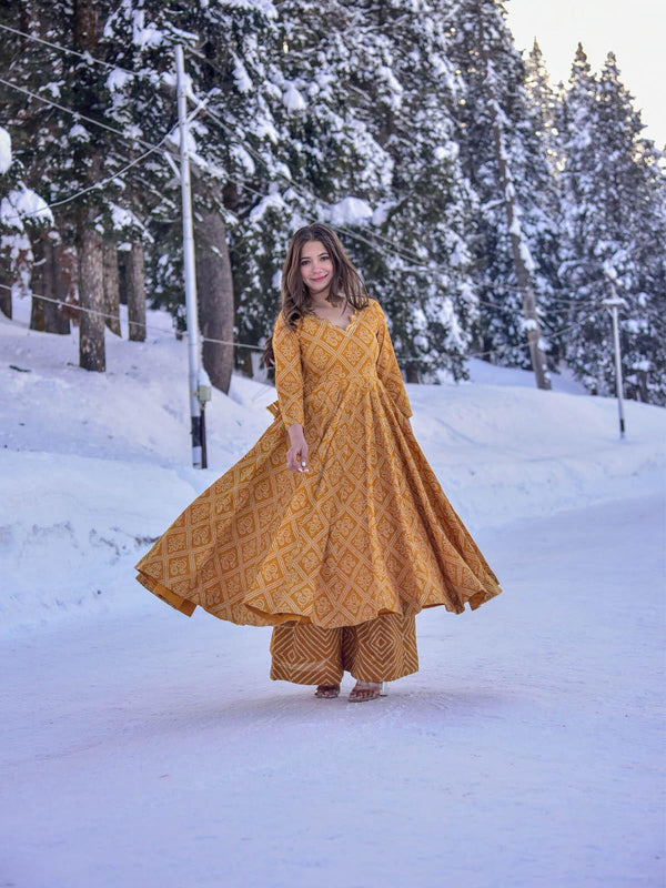 Women's Cotton Silk Yellow Anarkali Palazo Set - Odette