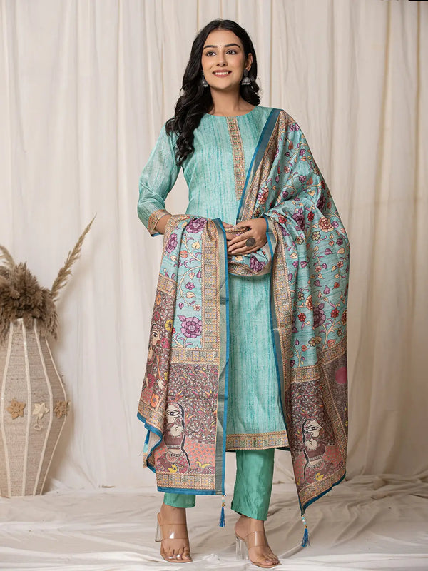 Cotton Sky Blue A-Line Kurta Dupatta Set