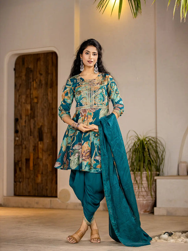 Cotton Teal Blue Zari_Work Kurta Dhoti Dupatta Set-Indiakreations-JS1921SKDTBS