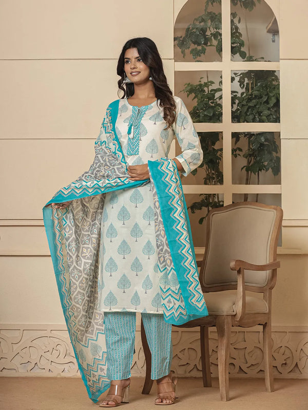 Cotton Turquoise Blue And White Kurta Dupatta Set