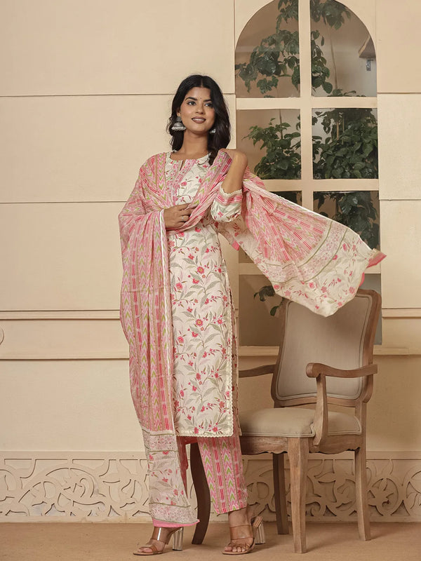 Cotton White Lining Kurta Dupatta Set