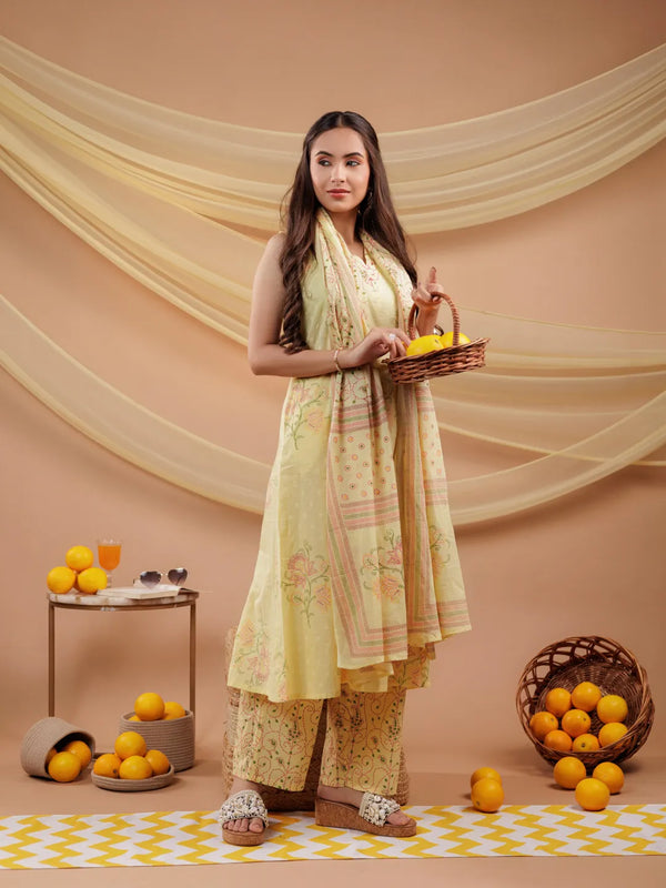 Cotton Yellow Sleeveless Kurta Dupatta Set