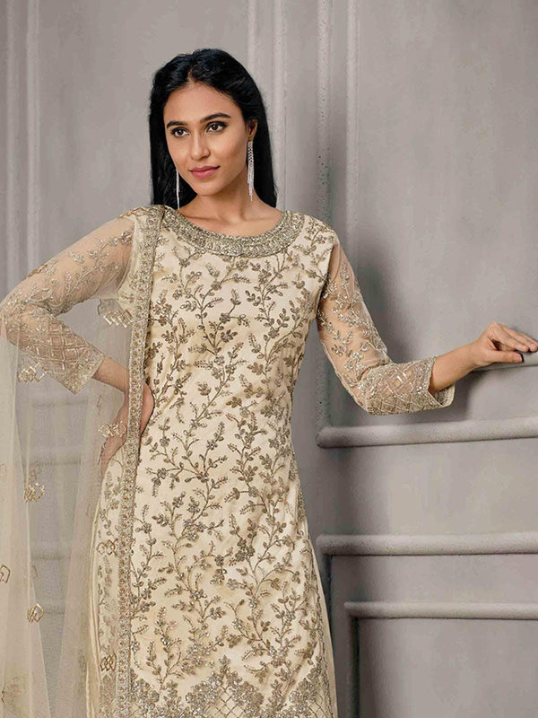 Women's Cream Butterfly Net Embroidered Kurta Set - Odette