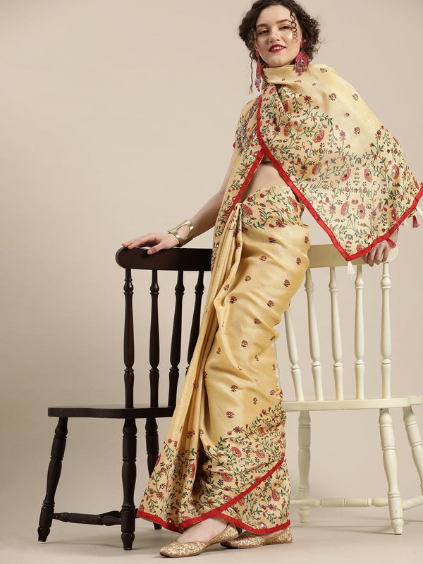 Women's Cream Casual Jute Silk Printed Saree With Unstitched Blouse - Odette