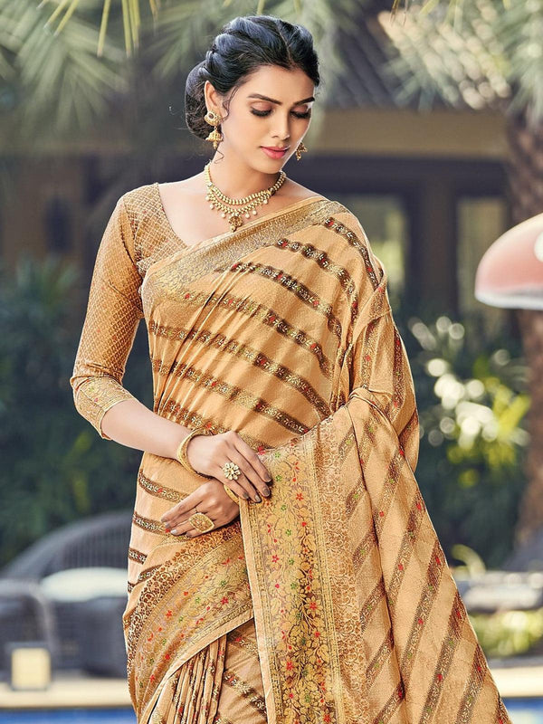 Women's Cream Color Organza Saree With Blouse - Odette