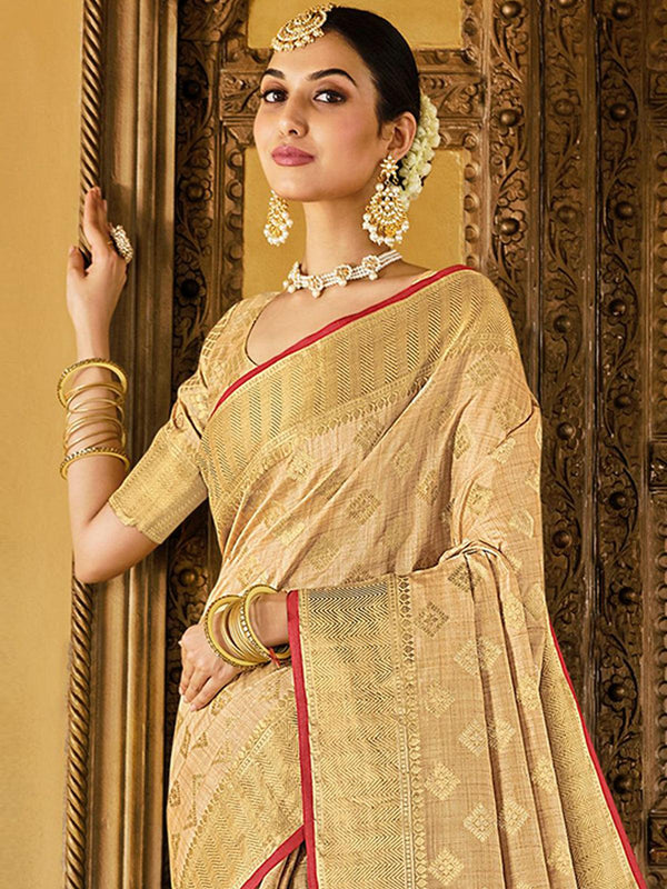 Women's Cream Color Silk Saree - Odette