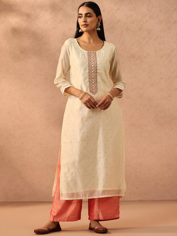 Cream Embellished Chanderi Silk Straight Kurta - Jashvi