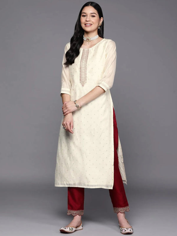 Cream Embroidered Chanderi Silk Straight Kurta - Jashvi