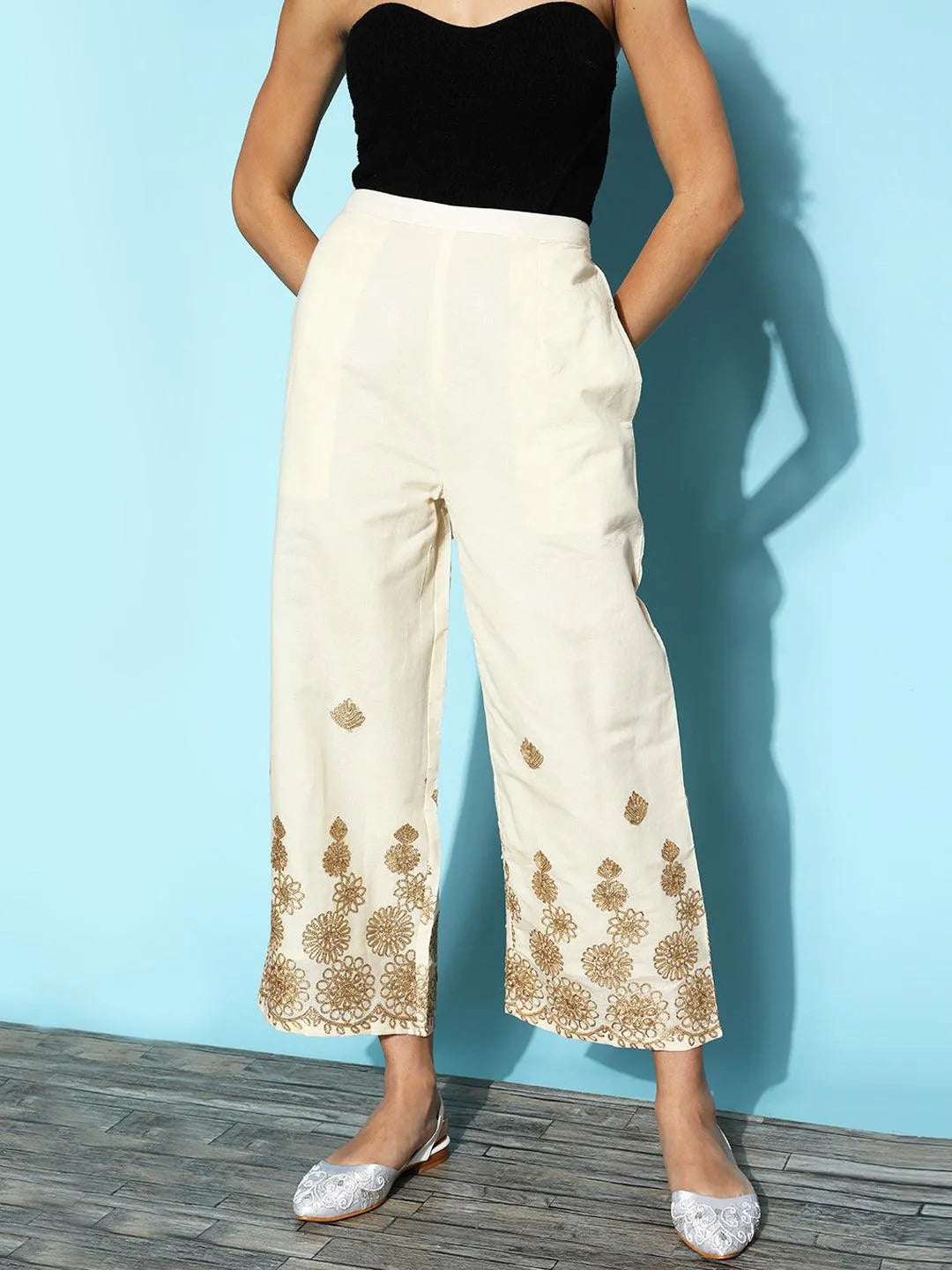 Cream Embroidered Cotton Palazzos - Jashvi