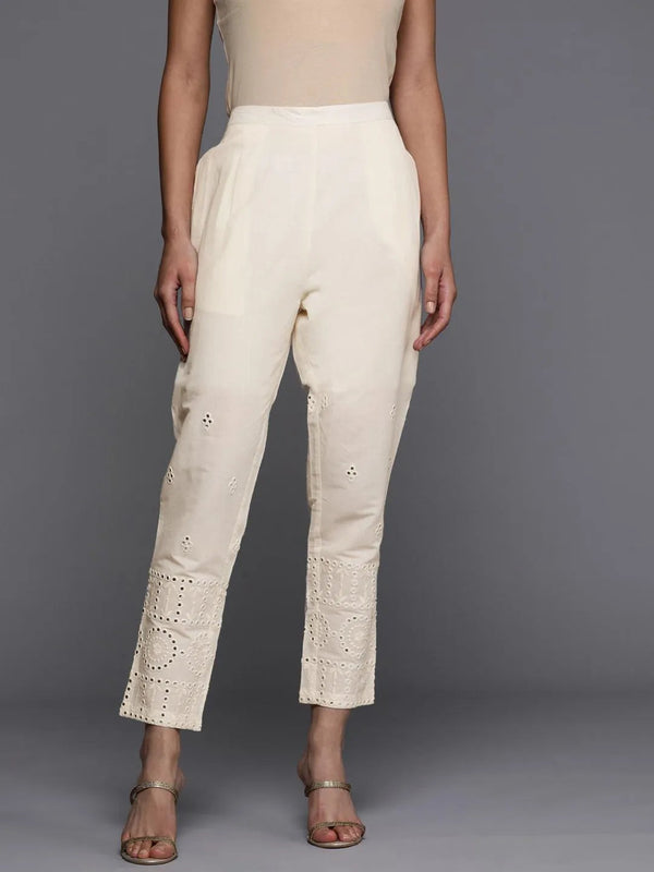 Cream Embroidered Cotton Trousers - Jashvi