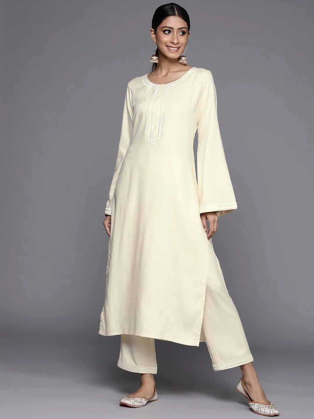 Cream Embroidered Pashmina Wool Kurta - Jashvi