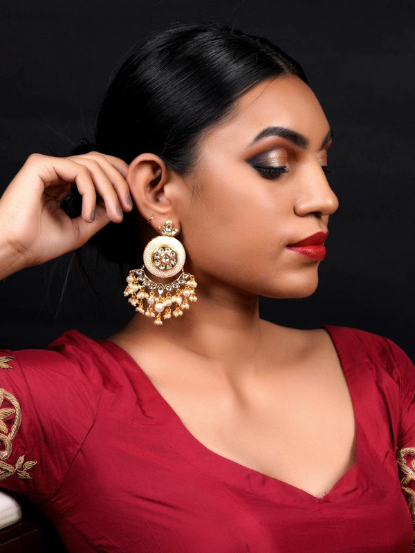 Women's Cream Enamelled Kundan-Pearl Chandbali Earrings! - Odette