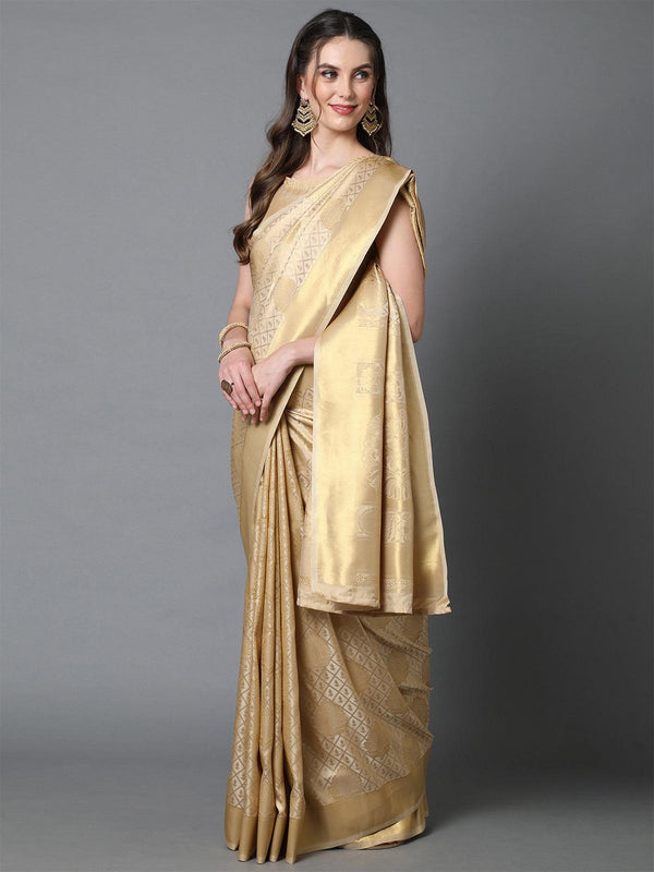 Women's Cream Festive Kanjivaram Silk Woven Design Saree With Unstitched Blouse - Odette