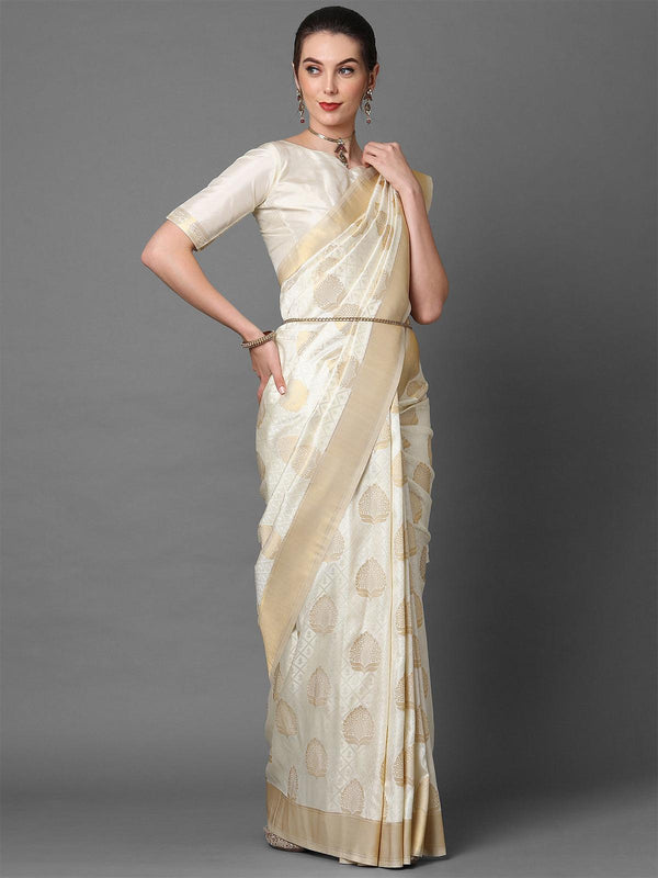 Women's Cream Festive Kanjivaram Silk Woven Design Saree With Unstitched Blouse - Odette