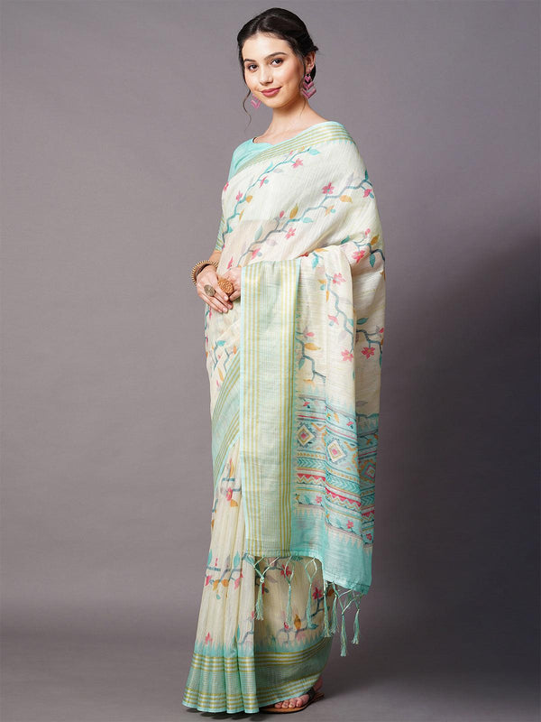 Women's Cream Festive Linen Blend Printed Saree With Unstitched Blouse - Odette