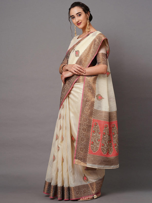 Women's Cream Festive Silk Blend Woven Design Saree With Unstitched Blouse - Odette