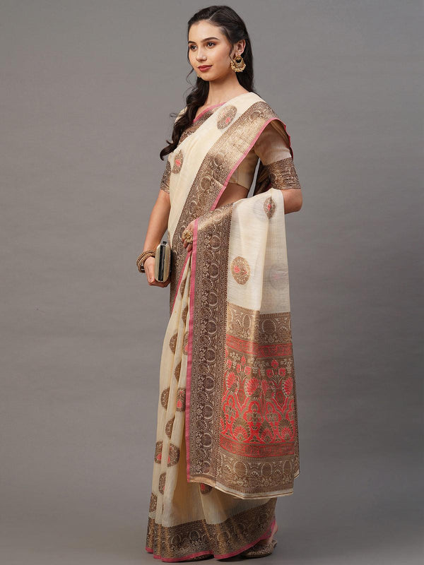 Women's Cream Festive Silk Blend Woven Design Saree With Unstitched Blouse - Odette