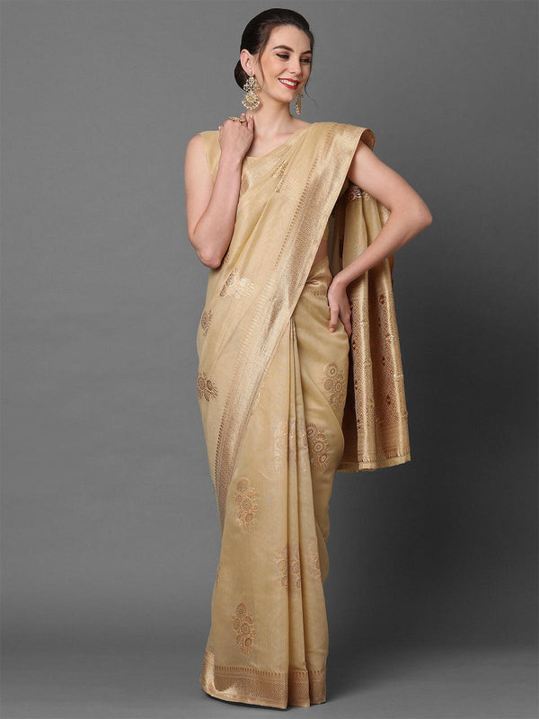 Women's Cream Festive Silk Blend Woven Design Saree With Unstitched Blouse - Odette