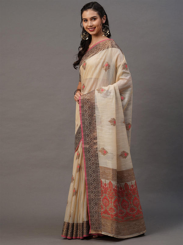 Women's Cream Festive Silk Blend Woven Design Saree With Unstitched Blouse - Odette