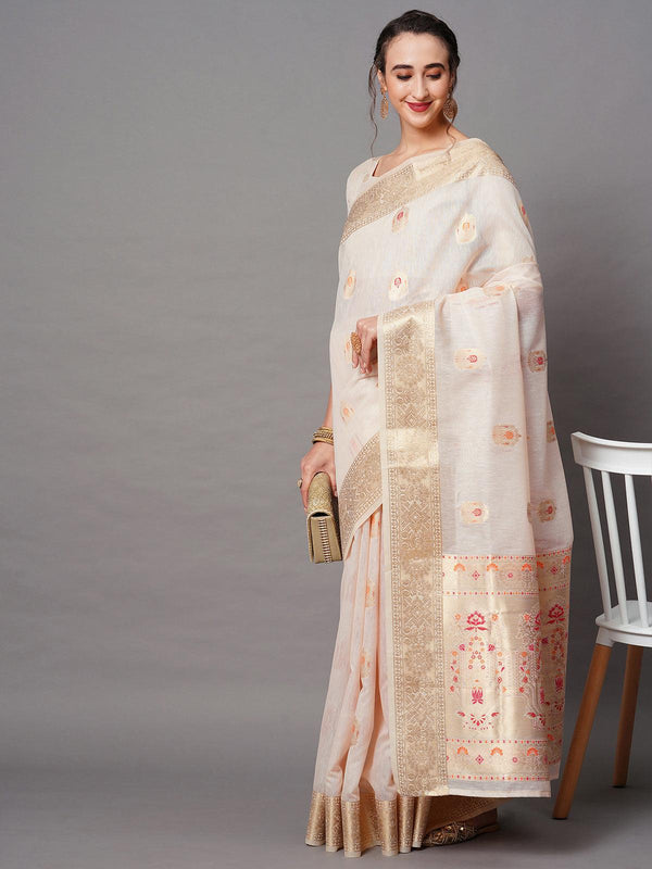 Women's Cream Festive Silk Blend Woven Design Saree With Unstitched Blouse - Odette