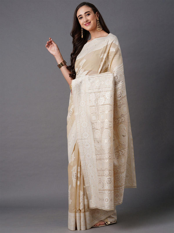 Women's Cream Festive Silk Blend Woven Design Saree With Unstitched Blouse - Odette