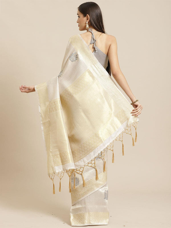 Women's Cream Festive Silk Blend Woven Saree With Unstitched Blouse - Odette