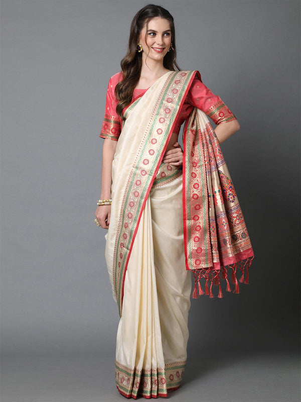 Women's Cream Festive Tussar Silk Woven Saree With Unstitched Blouse - Odette