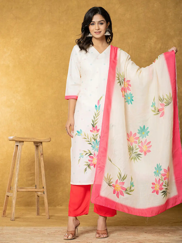 Cream Linen Floral Kurta Dupatta Pant Set