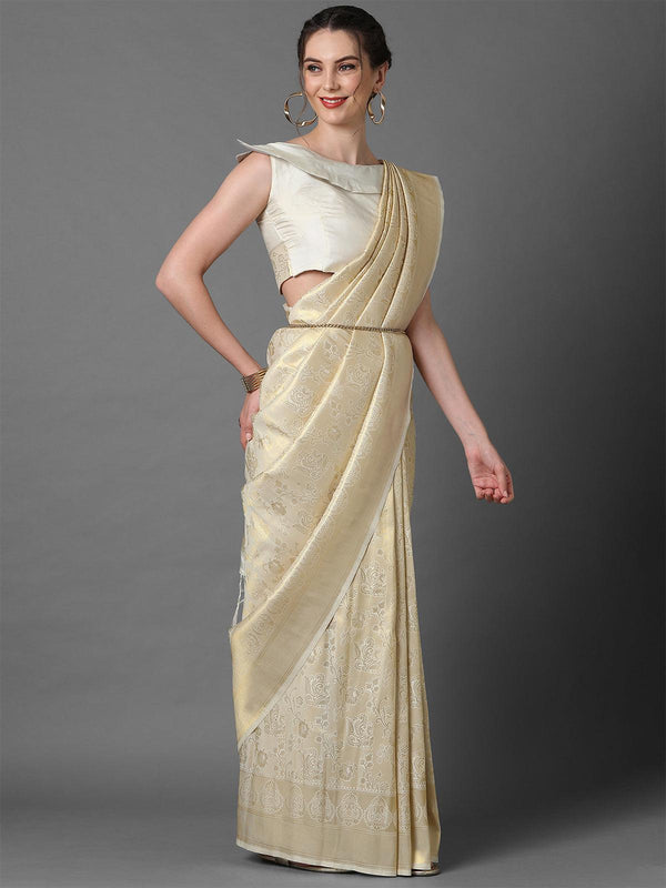 Women's Cream Party Wear Kanjivaram Silk Woven Design Saree With Unstitched Blouse - Odette